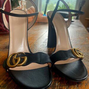 GUCCI Double G/GG Marmont High Heel Black Leather Sandal EU 39.5 US 9.5